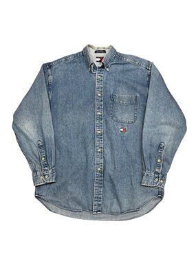 90s Tommy Hilfiger Jeans Denim Button Down Shirt Mens Small Blue Vintage Style C